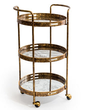 Load image into Gallery viewer, Three Tier Antique Gold Drinks Trolley With Mirrored Shelves