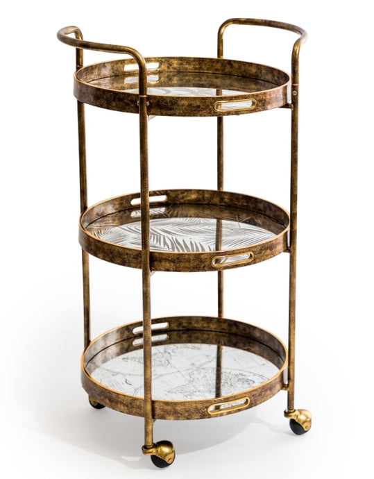 Three Tier Antique Gold Drinks Trolley With Mirrored Shelves