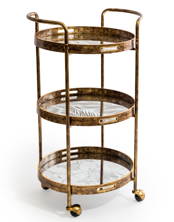 Three Tier Antique Gold Drinks Trolley With Mirrored Shelves