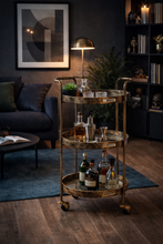 Load image into Gallery viewer, Three Tier Antique Gold Drinks Trolley With Mirrored Shelves