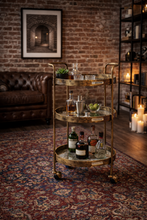 Load image into Gallery viewer, Three Tier Antique Gold Drinks Trolley With Mirrored Shelves