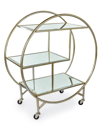 Drinks Trolleys - Round Art Deco 3-Tier Champagne Drinks Trolley With Mirror Shelves
