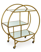 Load image into Gallery viewer, Round Art Deco 3-Tier Gold Drinks Trolley With Mirror Shelves