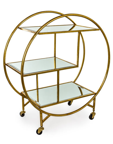 Round Art Deco 3-Tier Gold Drinks Trolley With Mirror Shelves