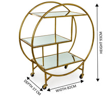 Load image into Gallery viewer, Round Art Deco 3-Tier Gold Drinks Trolley With Mirror Shelves