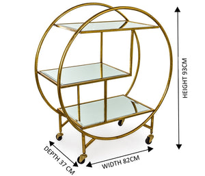Round Art Deco 3-Tier Gold Drinks Trolley With Mirror Shelves
